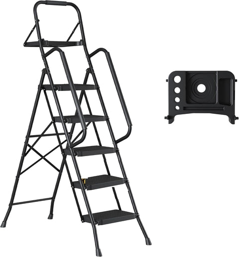 New Black 4 & 5 Step Ladder with Handrails – Heavy - Duty Steel with Tool Tray & Platform - with 4 - Step Ladder with Handrails & Tool Caddy | Sold by Uncle Wiener's Wholesale
