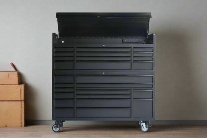 Side profile of industrial-grade rolling tool bench
Close-up of smooth-glide casters with locking brakes


