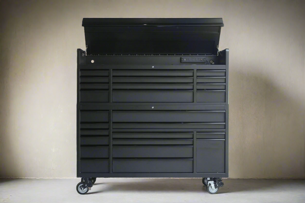 Top drawers of black tool chest with steel finish

