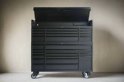 Top drawers of black tool chest with steel finish

