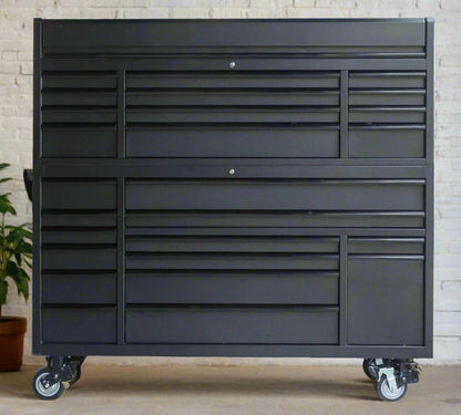 Front view of 6 FT 26-drawer black tool chest on wheels with wood top

