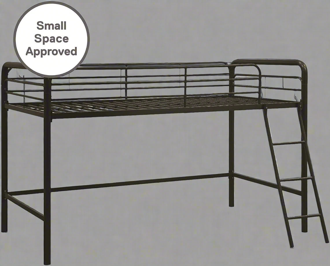 “Black metal loft bed with built-in ladder and guardrails”

“Space-saving loft bed frame for kids and teens”

“Durable steel loft bed with safety rails and ladder access”