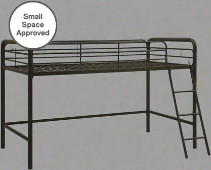 “Black metal loft bed with built-in ladder and guardrails”

“Space-saving loft bed frame for kids and teens”

“Durable steel loft bed with safety rails and ladder access”