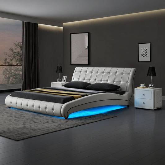 Modern Italy Style Button Tufted PU Leather Bed Frame – King and Queen Size in Black or White with Padded Headboard and Footboard