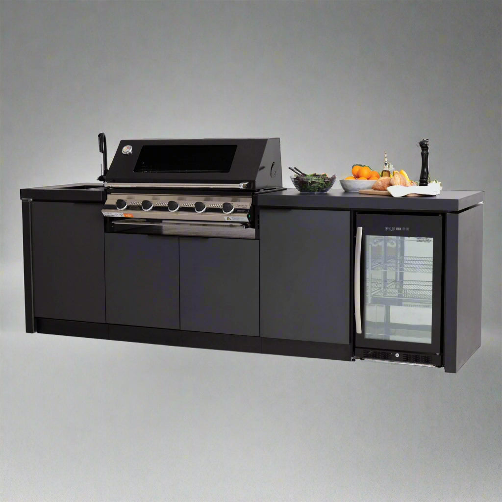 Black stainless steel outdoor kitchen island with fridge

5-burner outdoor BBQ grill island

Built-in stainless steel grill station with fridge

Luxury backyard cooking island

Weather-resistant outdoor kitchen with fridge