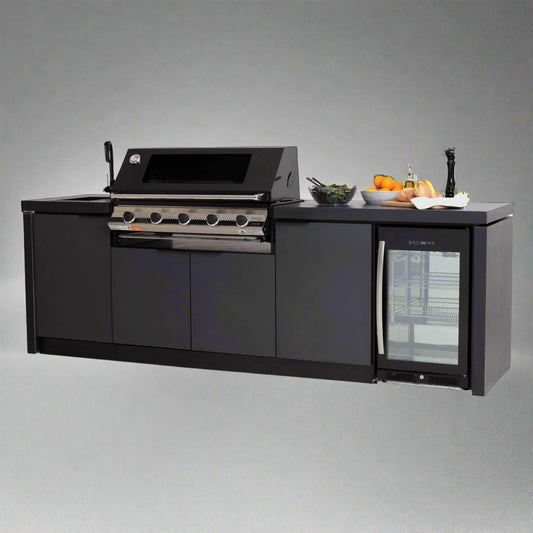 Black stainless steel outdoor kitchen island with fridge

5-burner outdoor BBQ grill island

Built-in stainless steel grill station with fridge

Luxury backyard cooking island

Weather-resistant outdoor kitchen with fridge
