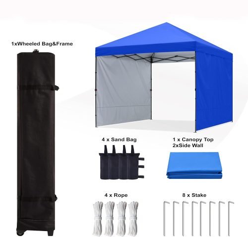 Blue 10x10 pop-up canopy tent with 2 detachable sunwalls for shade and privacy at outdoor events
