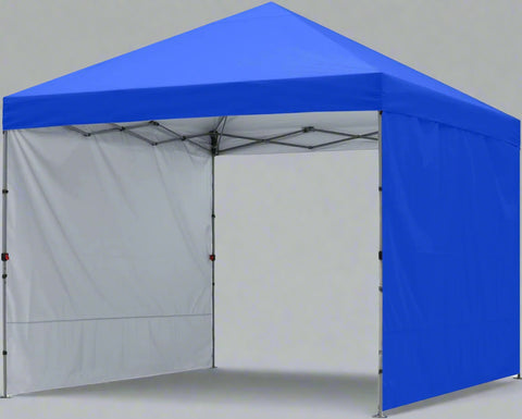Blue 10x10 pop-up canopy tent with 2 detachable sunwalls for shade and privacy at outdoor events
