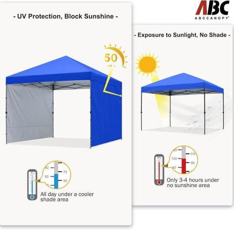 Blue 10x10 pop-up canopy tent with 2 detachable sunwalls for shade and privacy at outdoor events

