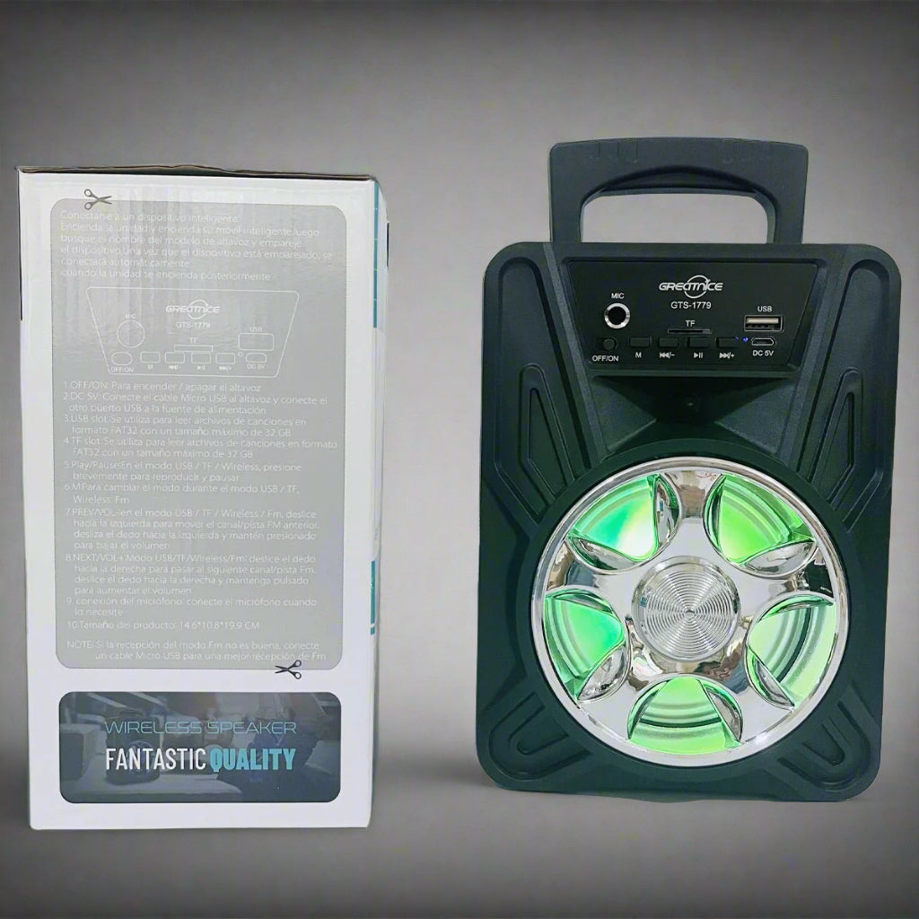 “Bluetooth portable speaker with mic input and LED lights”

“Rechargeable speaker with handle and USB SD AUX input”

“Portable sound system for parties and travel – GTS1779”

“Karaoke-ready speaker with dynamic sound and LED effects”

“GTS1779 speaker system with packaging and accessories”