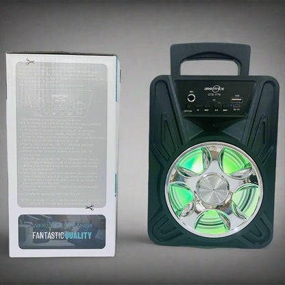 “Bluetooth portable speaker with mic input and LED lights”

“Rechargeable speaker with handle and USB SD AUX input”

“Portable sound system for parties and travel – GTS1779”

“Karaoke-ready speaker with dynamic sound and LED effects”

“GTS1779 speaker system with packaging and accessories”