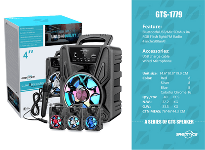“Bluetooth portable speaker with mic input and LED lights”

“Rechargeable speaker with handle and USB SD AUX input”

“Portable sound system for parties and travel – GTS1779”

“Karaoke-ready speaker with dynamic sound and LED effects”

“GTS1779 speaker system with packaging and accessories”