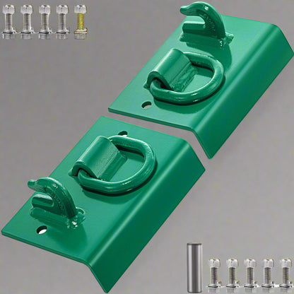 Green tractor bucket tie-down plate with grab hooks and D-rings
Kit mounted on loader bucket
All hardware included in tie-down kit
Yellow version of the tie-down plate
Product with tools and bolts laid out