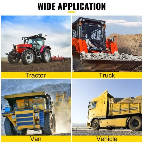 Green tractor bucket tie-down plate with grab hooks and D-rings
Kit mounted on loader bucket
All hardware included in tie-down kit
Yellow version of the tie-down plate
Product with tools and bolts laid out