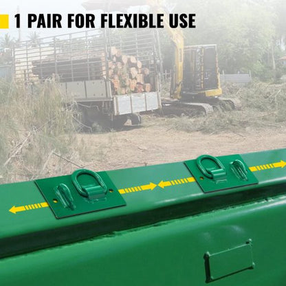 Green tractor bucket tie-down plate with grab hooks and D-rings
Kit mounted on loader bucket
All hardware included in tie-down kit
Yellow version of the tie-down plate
Product with tools and bolts laid out