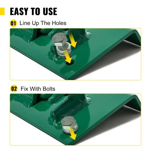 Green tractor bucket tie-down plate with grab hooks and D-rings
Kit mounted on loader bucket
All hardware included in tie-down kit
Yellow version of the tie-down plate
Product with tools and bolts laid out