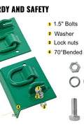 Green tractor bucket tie-down plate with grab hooks and D-rings
Kit mounted on loader bucket
All hardware included in tie-down kit
Yellow version of the tie-down plate
Product with tools and bolts laid out