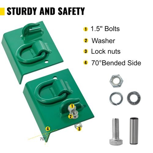 Green tractor bucket tie-down plate with grab hooks and D-rings
Kit mounted on loader bucket
All hardware included in tie-down kit
Yellow version of the tie-down plate
Product with tools and bolts laid out