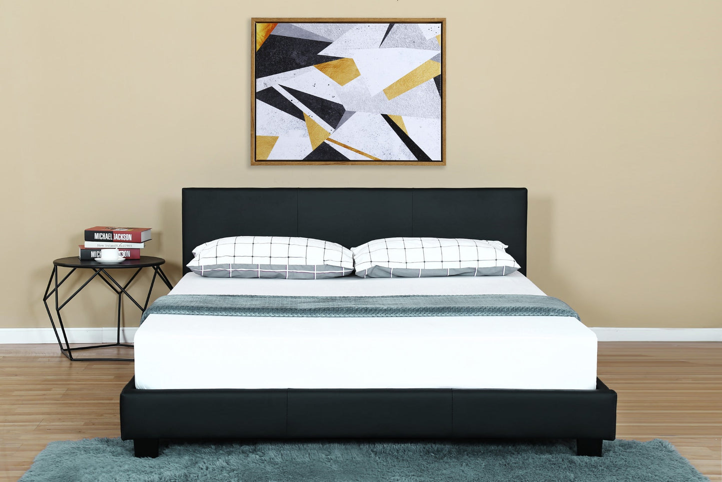 Black Bonded Leather Bed Frame with Panel Headboard in Queen, King, and Twin Sizes