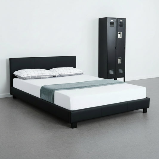 Black Bonded Leather Bed Frame with Panel Headboard in Queen, King, and Twin Sizes