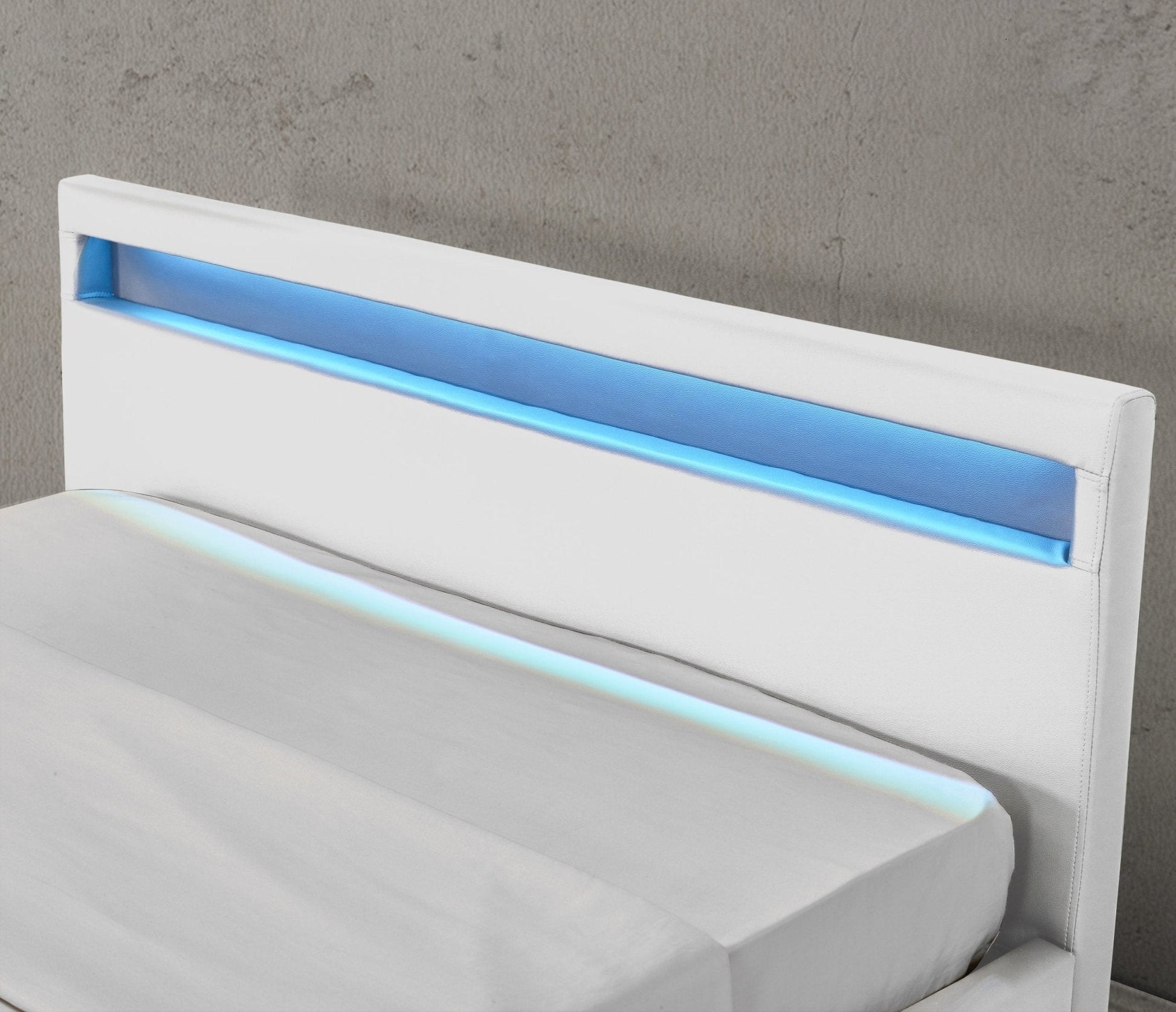 Bonded Leather Gas Lift LED Bed Frame with Remote Lighting and Storage Ottoman – Twin to King Sizes in Black or White