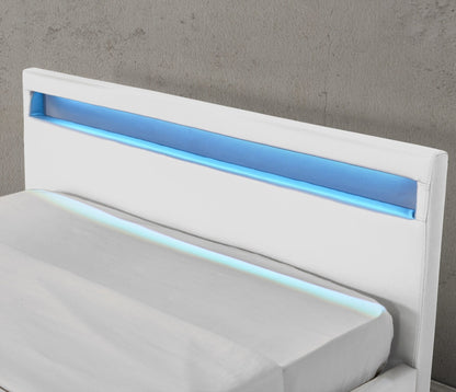 Bonded Leather Gas Lift LED Bed Frame with Remote Lighting and Storage Ottoman – Twin to King Sizes in Black or White