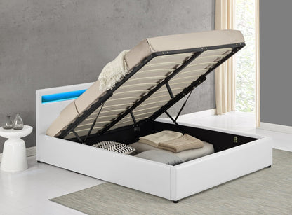 Bonded Leather Gas Lift LED Bed Frame with Remote Lighting and Storage Ottoman – Twin to King Sizes in Black or White