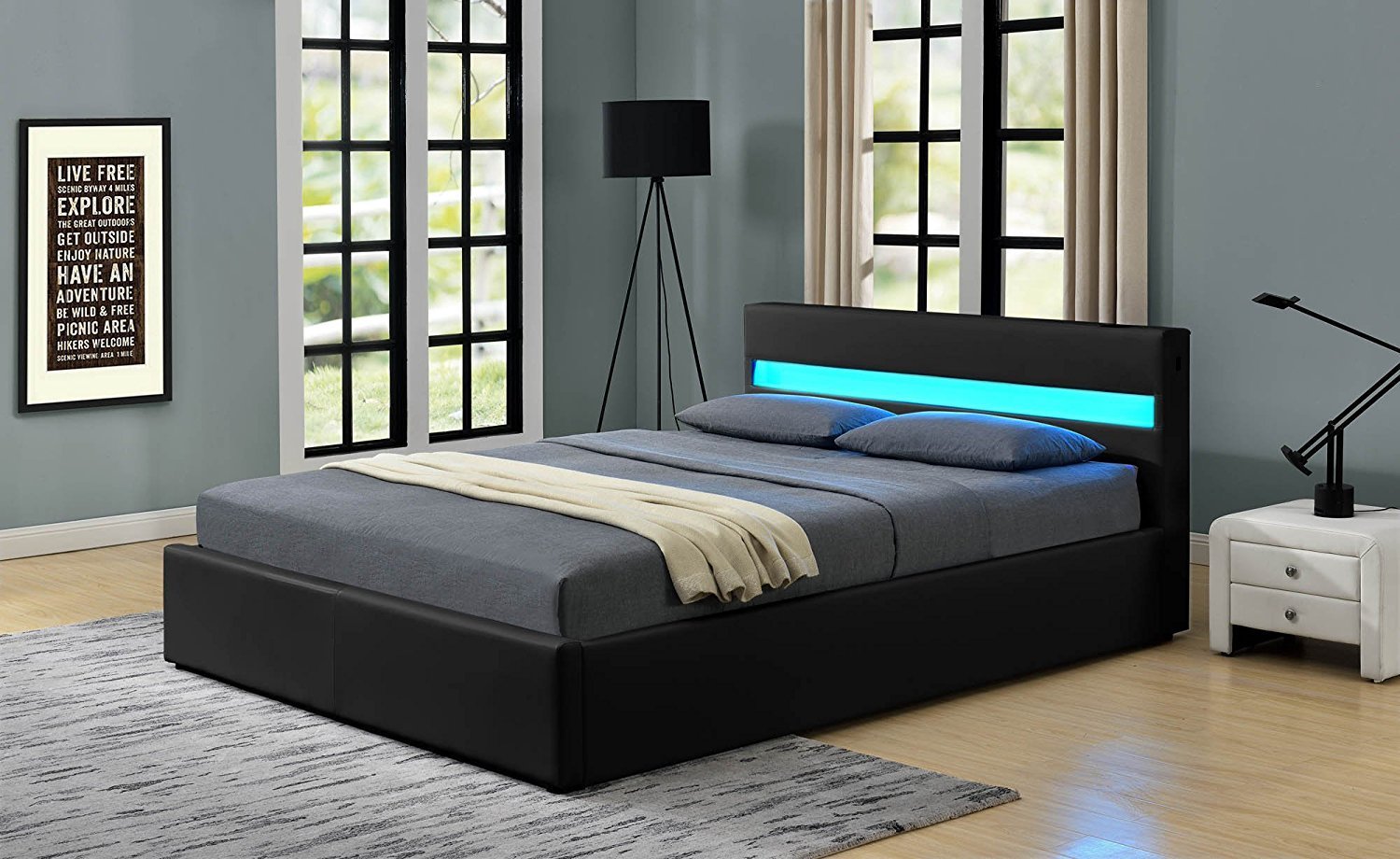 Bonded Leather Gas Lift LED Bed Frame with Remote Lighting and Storage Ottoman – Twin to King Sizes in Black or White