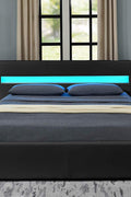 Bonded Leather Gas Lift LED Bed Frame with Remote Lighting and Storage Ottoman – Twin to King Sizes in Black or White