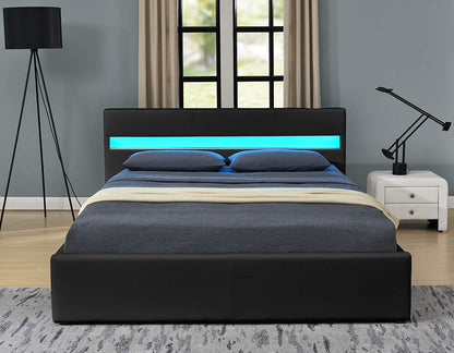 Bonded Leather Gas Lift LED Bed Frame with Remote Lighting and Storage Ottoman – Twin to King Sizes in Black or White