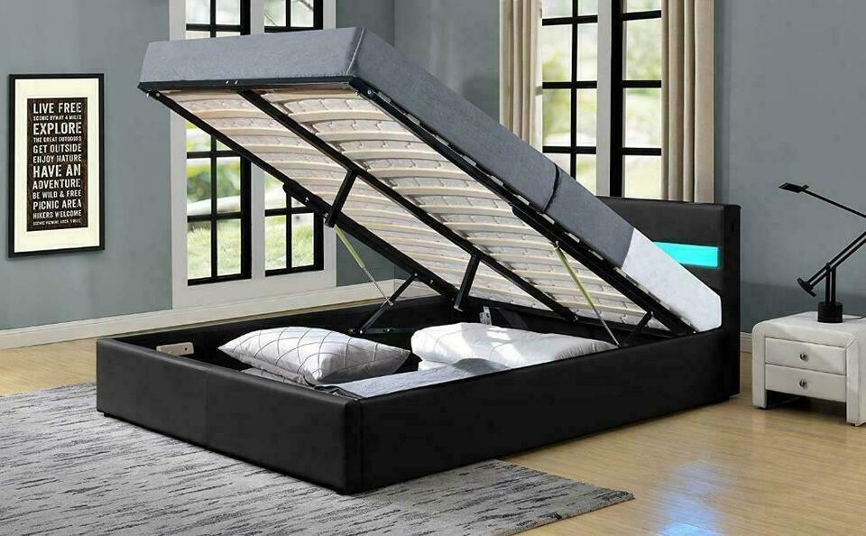 Bonded Leather Gas Lift LED Bed Frame with Remote Lighting and Storage Ottoman – Twin to King Sizes in Black or White