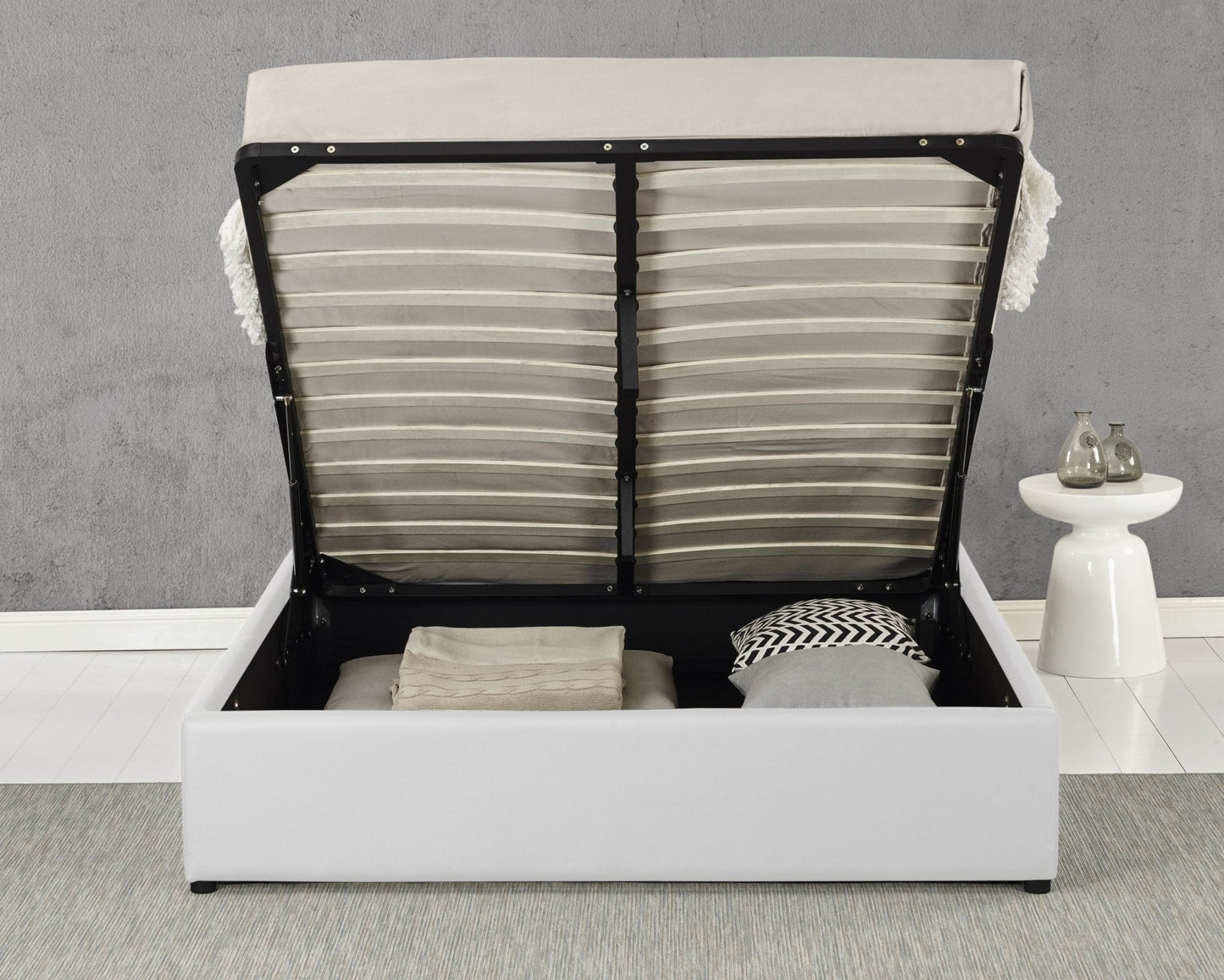 Bonded Leather Gas Lift LED Bed Frame with Remote Lighting and Storage Ottoman – Twin to King Sizes in Black or White