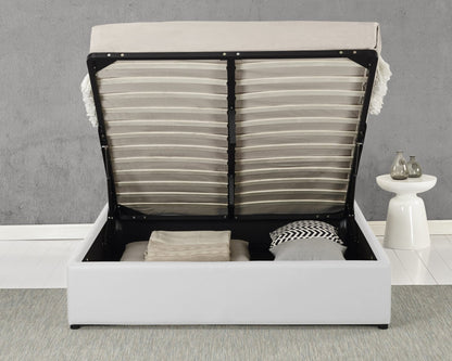 Bonded Leather Gas Lift LED Bed Frame with Remote Lighting and Storage Ottoman – Twin to King Sizes in Black or White