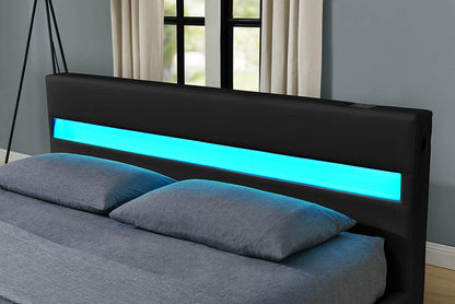 Bonded Leather Gas Lift LED Bed Frame with Remote Lighting and Storage Ottoman – Twin to King Sizes in Black or White