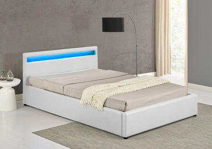 Bonded Leather Gas Lift LED Bed Frame with Remote Lighting and Storage Ottoman – Twin to King Sizes in Black or White