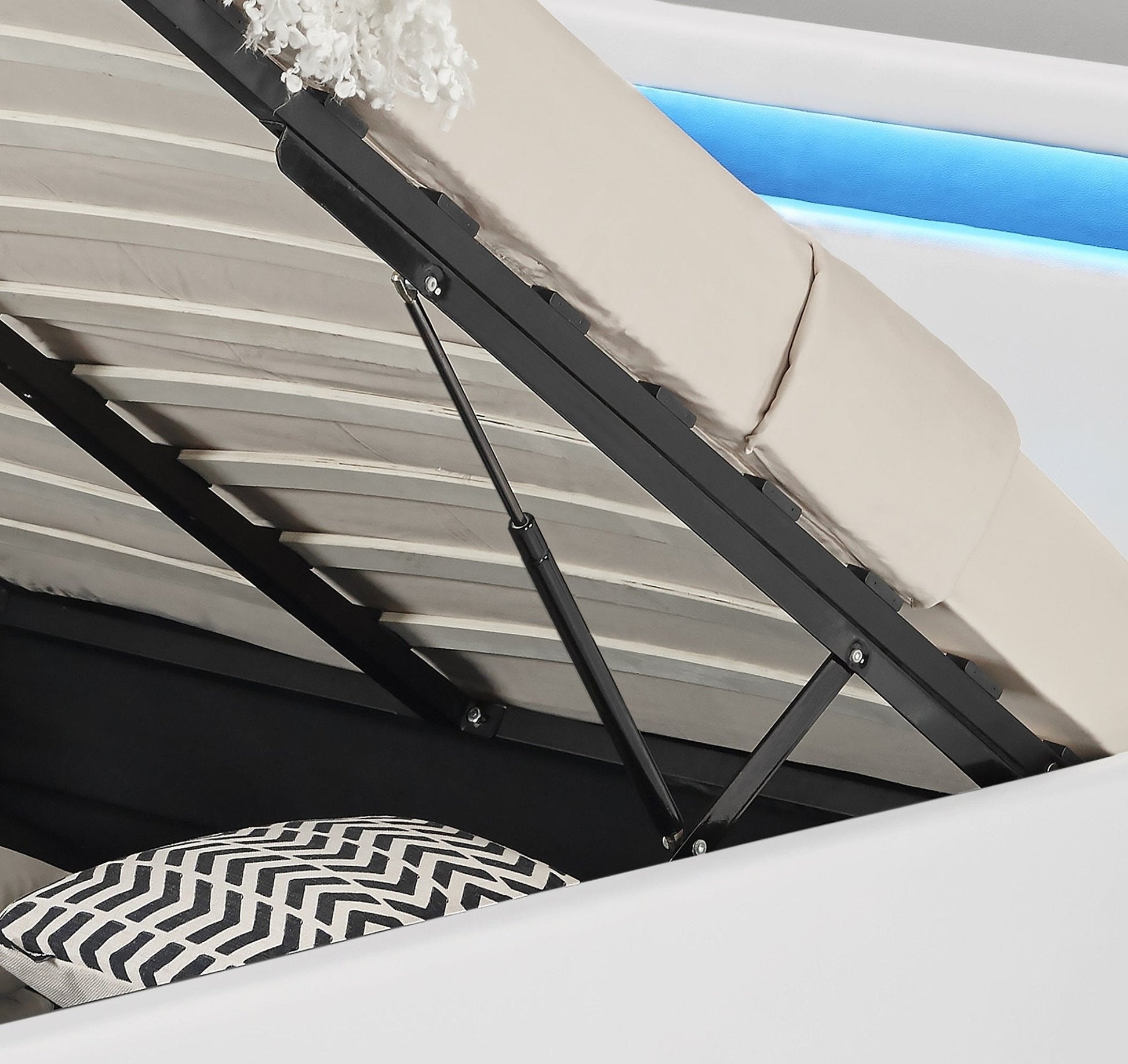 Bonded Leather Gas Lift LED Bed Frame with Remote Lighting and Storage Ottoman – Twin to King Sizes in Black or White