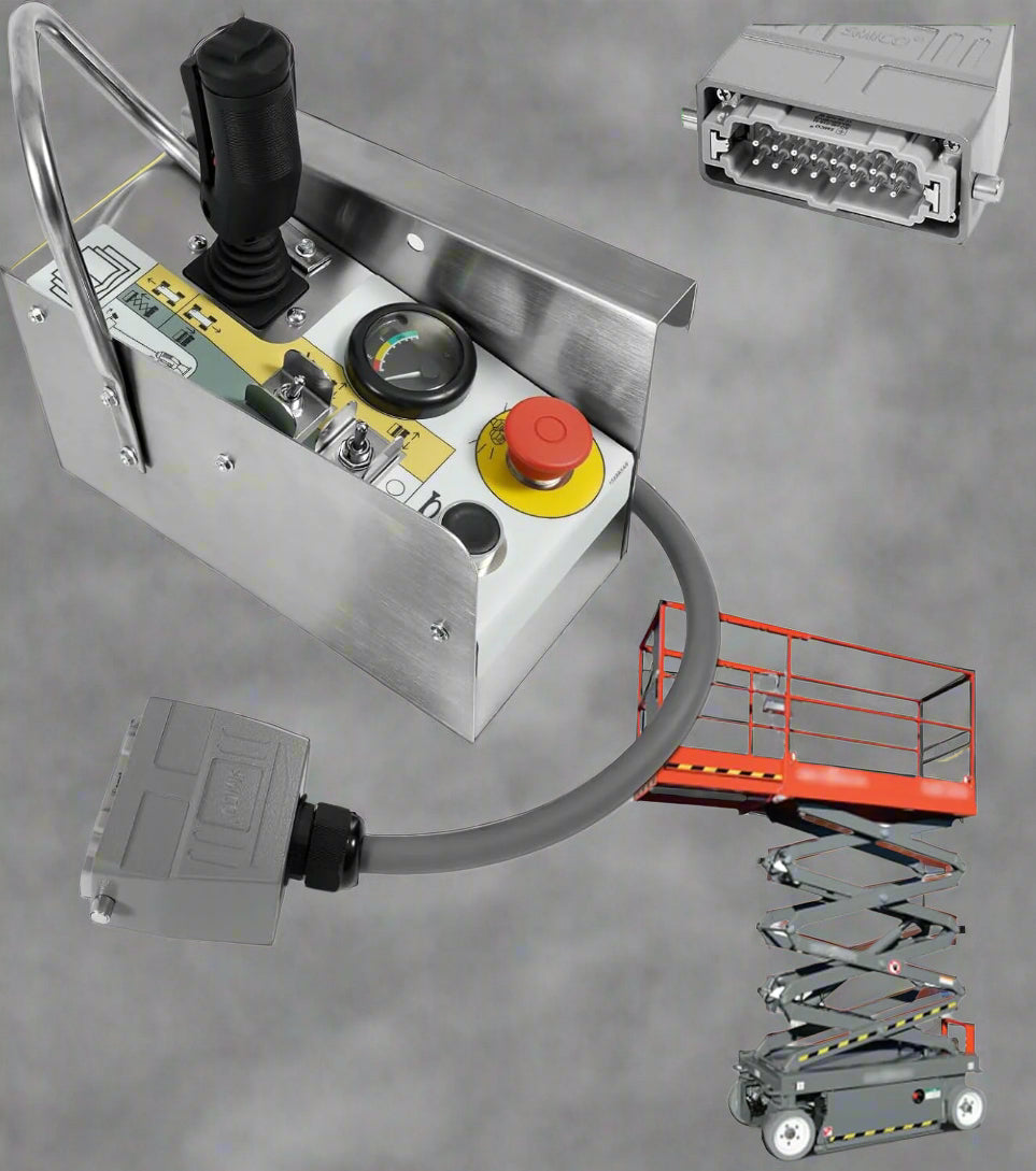 Genie joystick controller replacement with wiring harness

Skyjack boom lift control box controller - close-up

Genie aerial lift joystick - top view

Replacement part for Genie 72278 – joystick controller

Skyjack joystick with mounting base – side angle