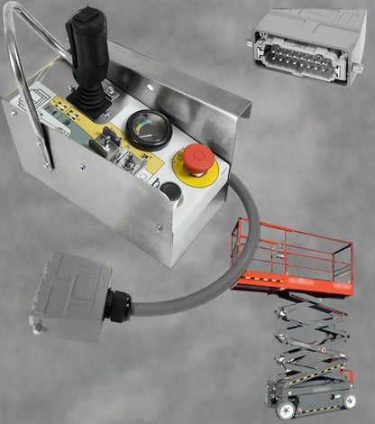 Genie joystick controller replacement with wiring harness

Skyjack boom lift control box controller - close-up

Genie aerial lift joystick - top view

Replacement part for Genie 72278 – joystick controller

Skyjack joystick with mounting base – side angle