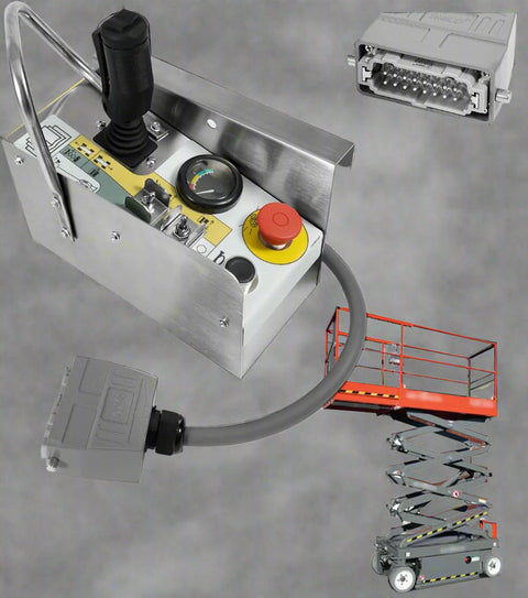 Genie joystick controller replacement with wiring harness

Skyjack boom lift control box controller - close-up

Genie aerial lift joystick - top view

Replacement part for Genie 72278 – joystick controller

Skyjack joystick with mounting base – side angle