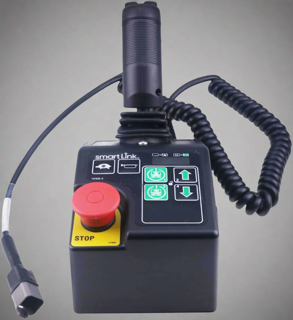 Genie joystick controller replacement with wiring harness

Skyjack boom lift control box controller - close-up

Genie aerial lift joystick - top view

Replacement part for Genie 72278 – joystick controller

Skyjack joystick with mounting base – side angle