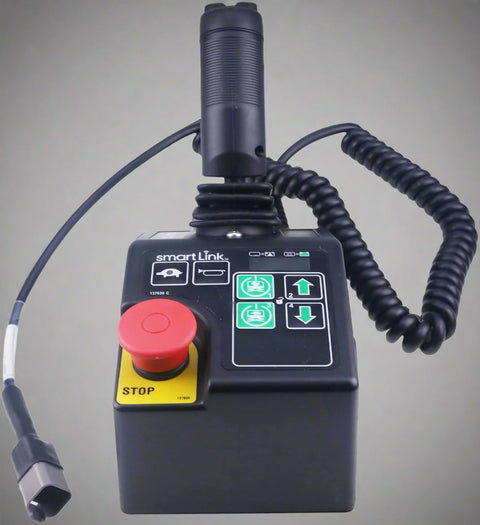Genie joystick controller replacement with wiring harness

Skyjack boom lift control box controller - close-up

Genie aerial lift joystick - top view

Replacement part for Genie 72278 – joystick controller

Skyjack joystick with mounting base – side angle