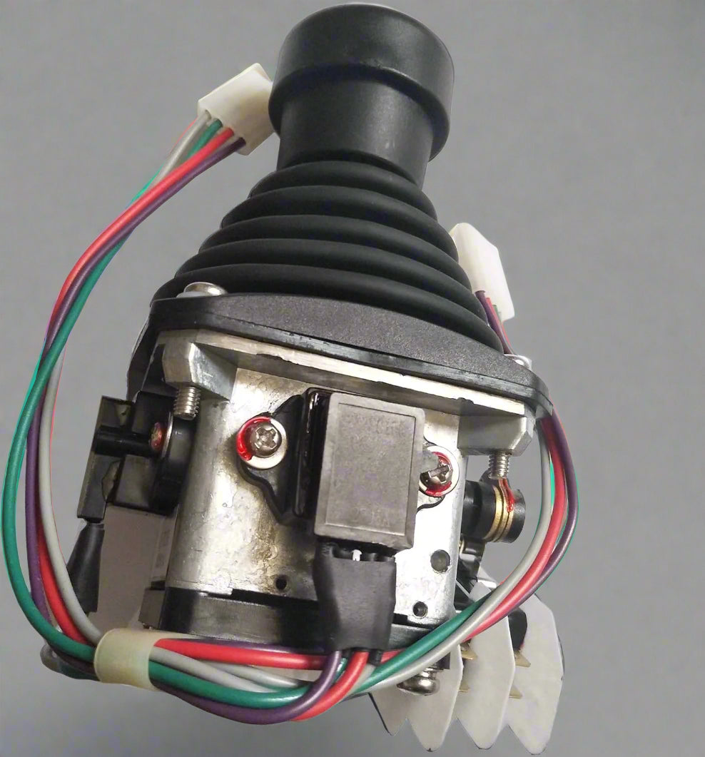 Genie joystick controller replacement with wiring harness

Skyjack boom lift control box controller - close-up

Genie aerial lift joystick - top view

Replacement part for Genie 72278 – joystick controller

Skyjack joystick with mounting base – side angle