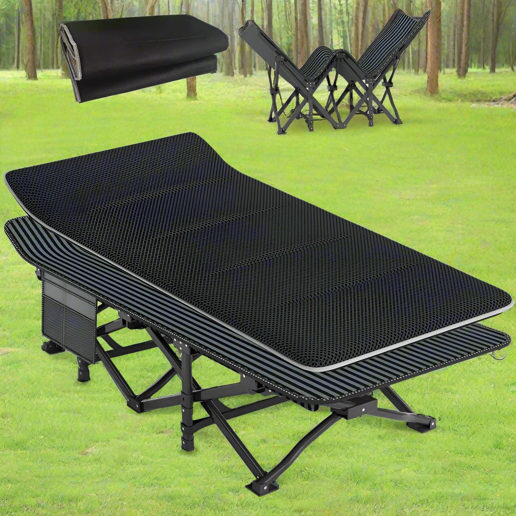 Camping Cot with Mesh Mat and Steel Frame – Foldable Outdoor Sleeping Bed with Carry Bag – 200KG Capacity – Open Box