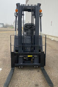 CanLift 4000 LBS orange electric forklift with 118” lift and 42” forks
Profile shot of forklift with raised mast and battery housing
Rear view of forklift with control panel and operator seat
42” heavy-duty forks and solid tires
Close-up of fork shifting mechanism