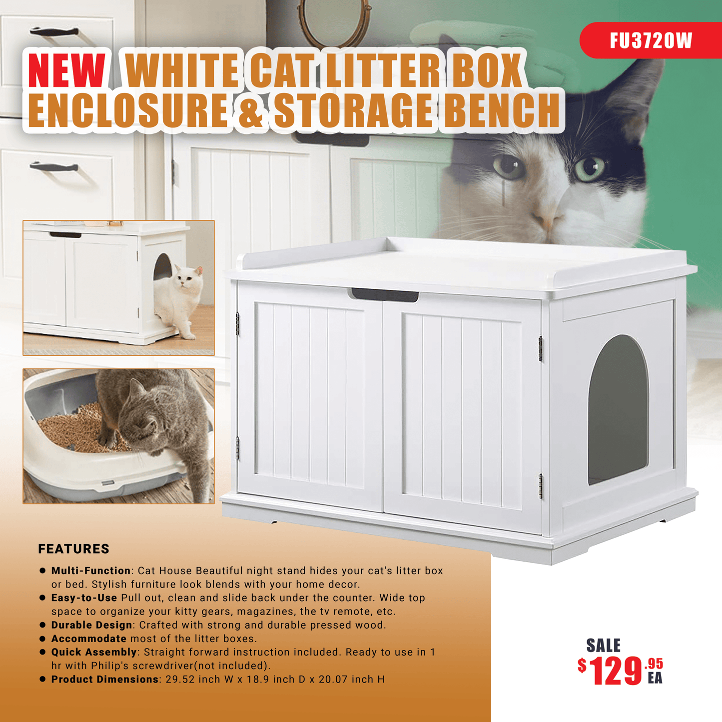 White cat litter box storage bench with pull-out tray
Gray hidden cat litter cabinet for small spaces
Stylish litter box furniture with end table design
Side view of multifunctional cat litter enclosure
Decorative cat box bench with durable wood build