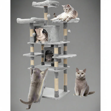 67-inch tall multi-level cat tree tower in gray

Cat tree with ladder, scratching posts, and top perches

Indoor cat condo tower for multiple cats
