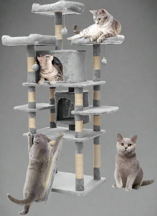 67-inch tall multi-level cat tree tower in gray

Cat tree with ladder, scratching posts, and top perches

Indoor cat condo tower for multiple cats