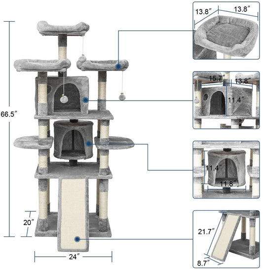 67-inch tall multi-level cat tree tower in gray

Cat tree with ladder, scratching posts, and top perches

Indoor cat condo tower for multiple cats