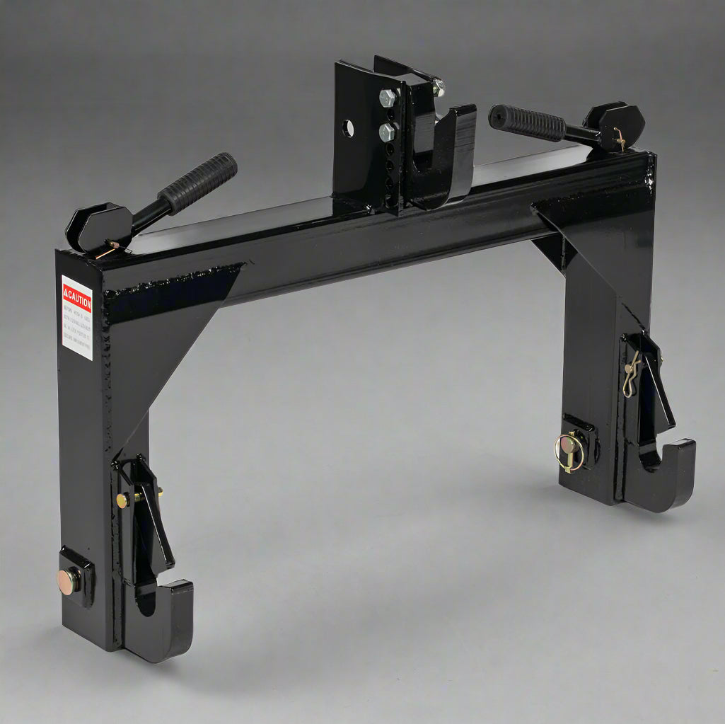 Quick hitch adapter for Category 1 tractors – black steel frame
Side view of 3-point hitch quick connector with spring locks
Heavy-duty tractor quick hitch for Category 1, 2, and 3 models
