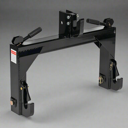 Quick hitch adapter for Category 1 tractors – black steel frame
Side view of 3-point hitch quick connector with spring locks
Heavy-duty tractor quick hitch for Category 1, 2, and 3 models
